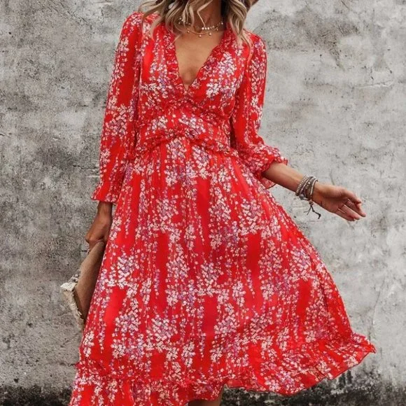 Red Floral Ditsy Ruffle Hem Dress Shabby Chic Cottagecore - Picture 2 of 5